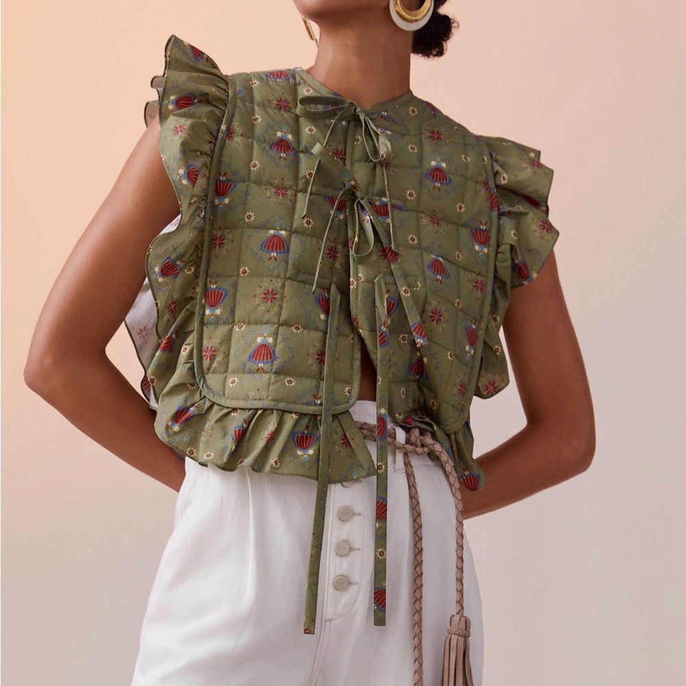 Anthropologie Olive Ruffled Tie-Front Tunic